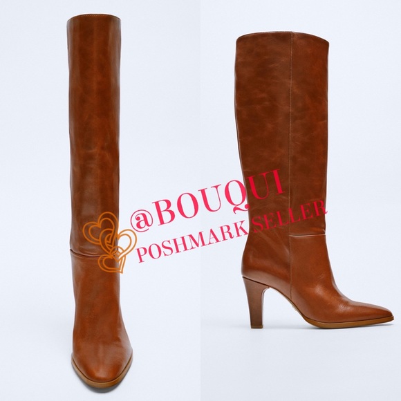 BLOGGERS FAV ZARA KNEE RISE HEELED LEATHER BOOTS - Picture 4 of 6